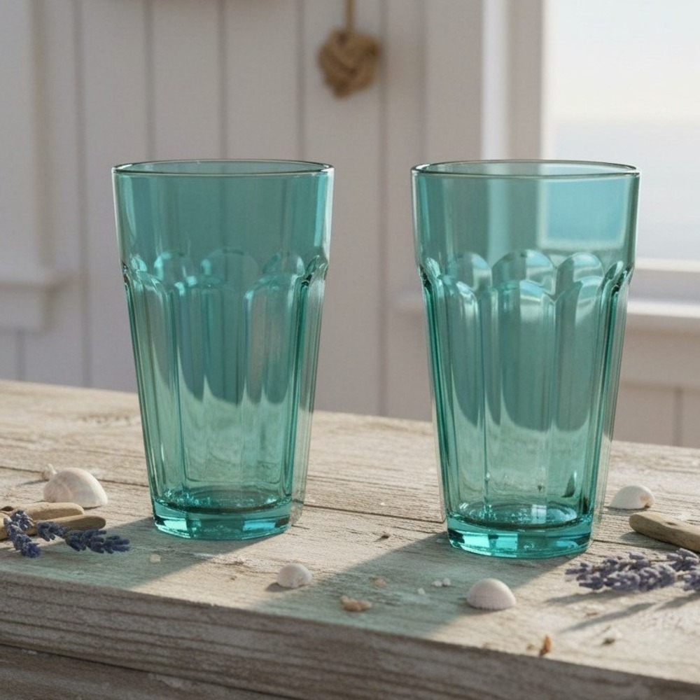 Pasabahce Teal‎ Paneled Tumblers, Set of 2, Vintage Water Glasses, Drinkware